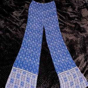 Blue, White, & Brown Pattern Wide Leg Pants